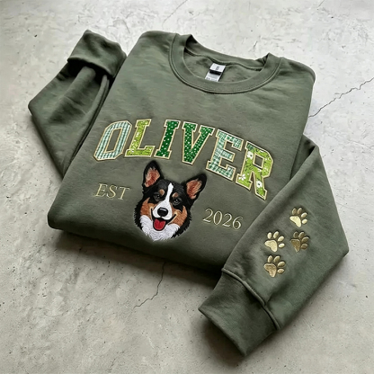 Patchwork Fabric Pet Portrait Embroidered Sweatshirt Custom Dog Cat Gift for Pet Lovers
