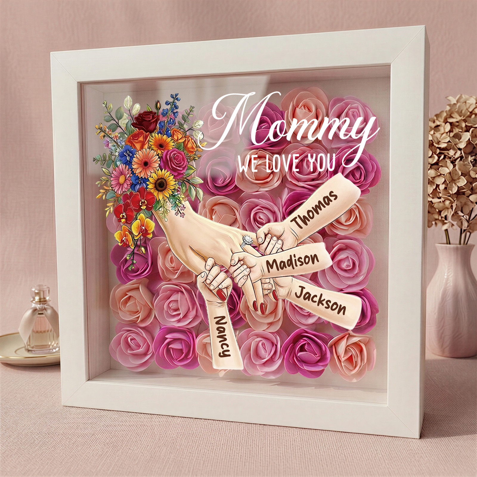 Forlovever™ Custom Mom Holding Hands with Ring & Manicure Shadow Box-Mother's Day Remembrance Frame, In Loving Memory Gift