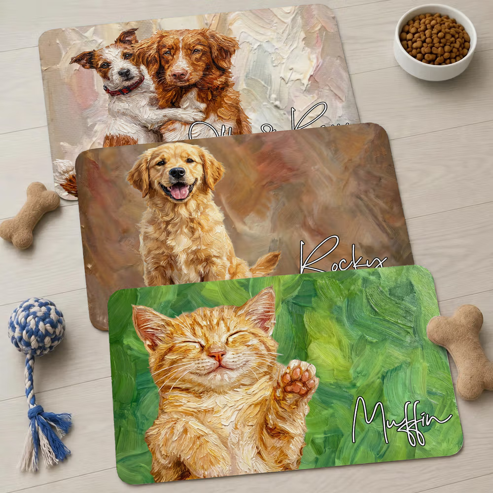 Personalized Oil Painting Style Pet Photo Food Mat with Name Home Decor Pet Supplies Birthday Gift for Cat Dog Pet Owner Lovers