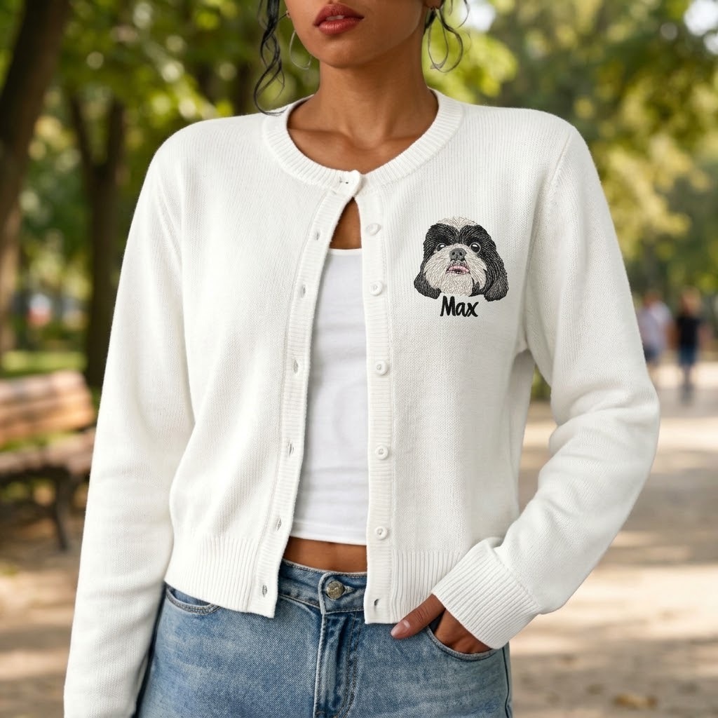 Custom Pet Portrait Embroidered Cardigan – Personalized Knit Sweater for Pet Lovers, Cozy Fall Style