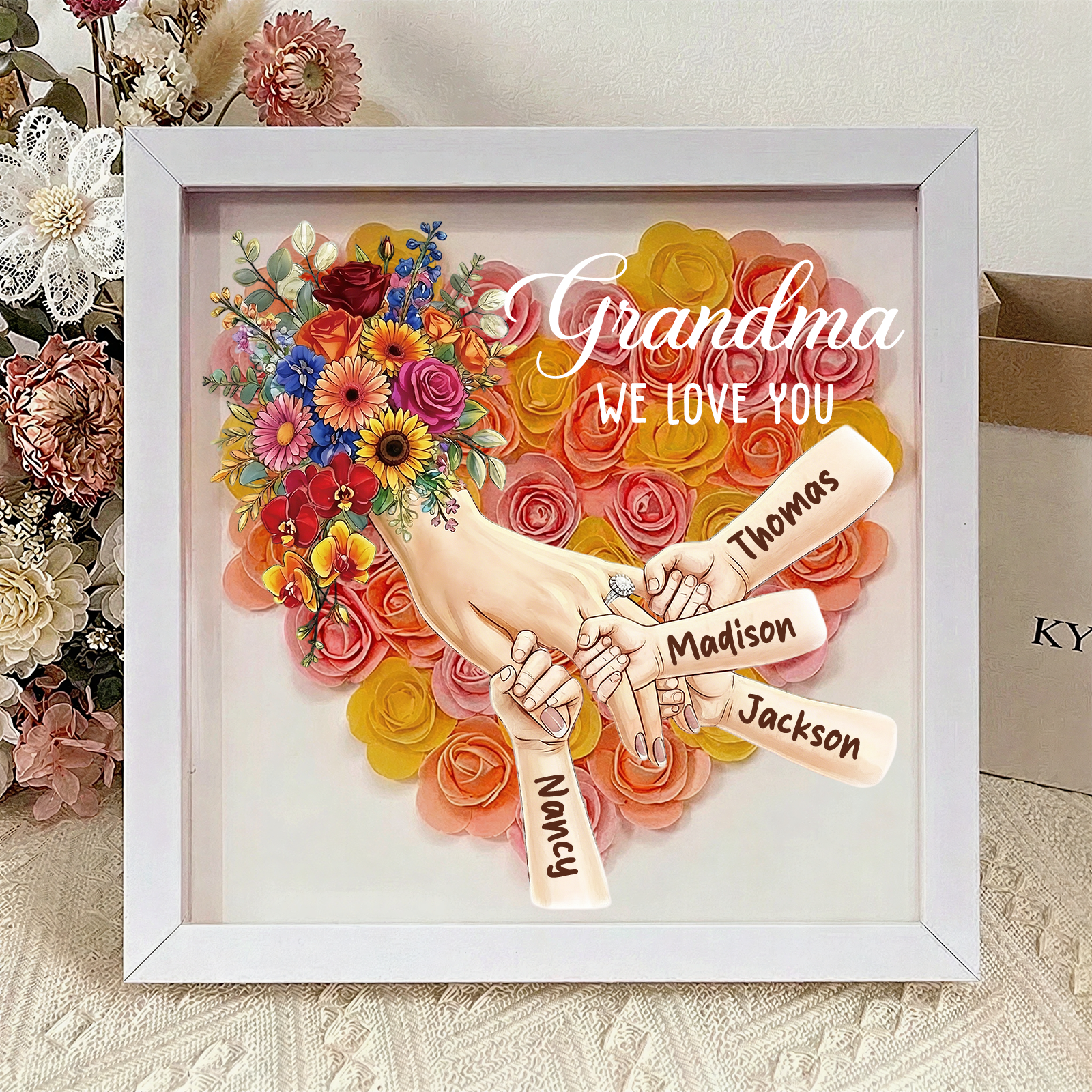 Forlovever™ Custom Mom Holding Hands with Ring & Manicure Shadow Box-Mother's Day Remembrance Frame, In Loving Memory Gift