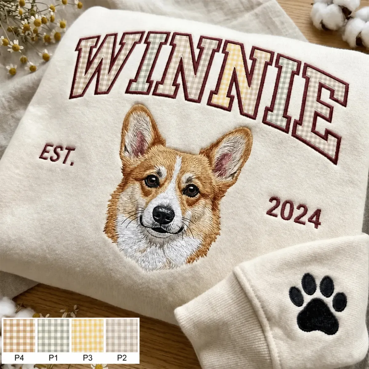Custom Pet Portrait Embroidered Sweatshirt with Multi-Color Gingham Varsity Name