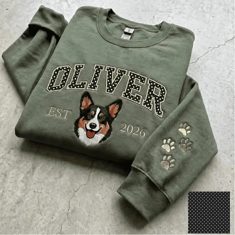 Custom Pet Portrait Embroidered Sweatshirt with Polka Dot Applique Varsity Name