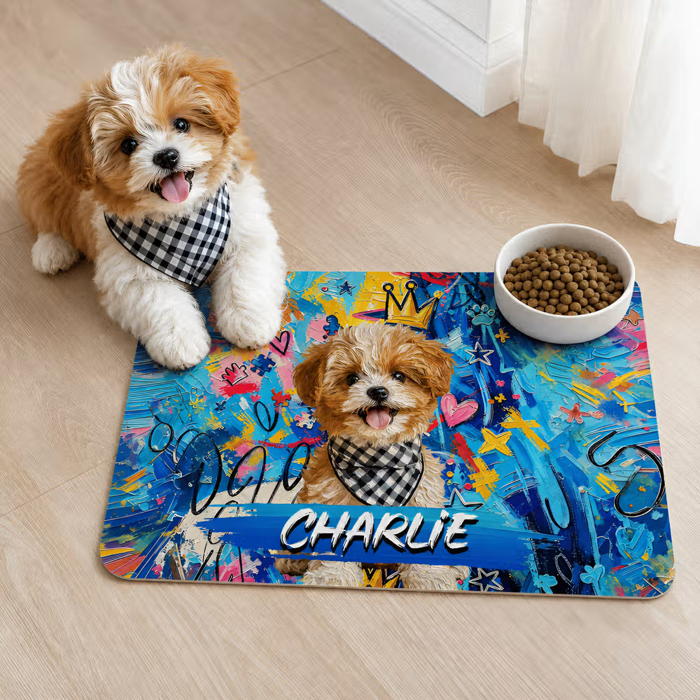 Personalized Graffiti Oil Painting Style Crown Pet Photo Pet Feeding Mat with Name Home Decor Pet Supplies Birthday Gift for Pet Owners Lovers