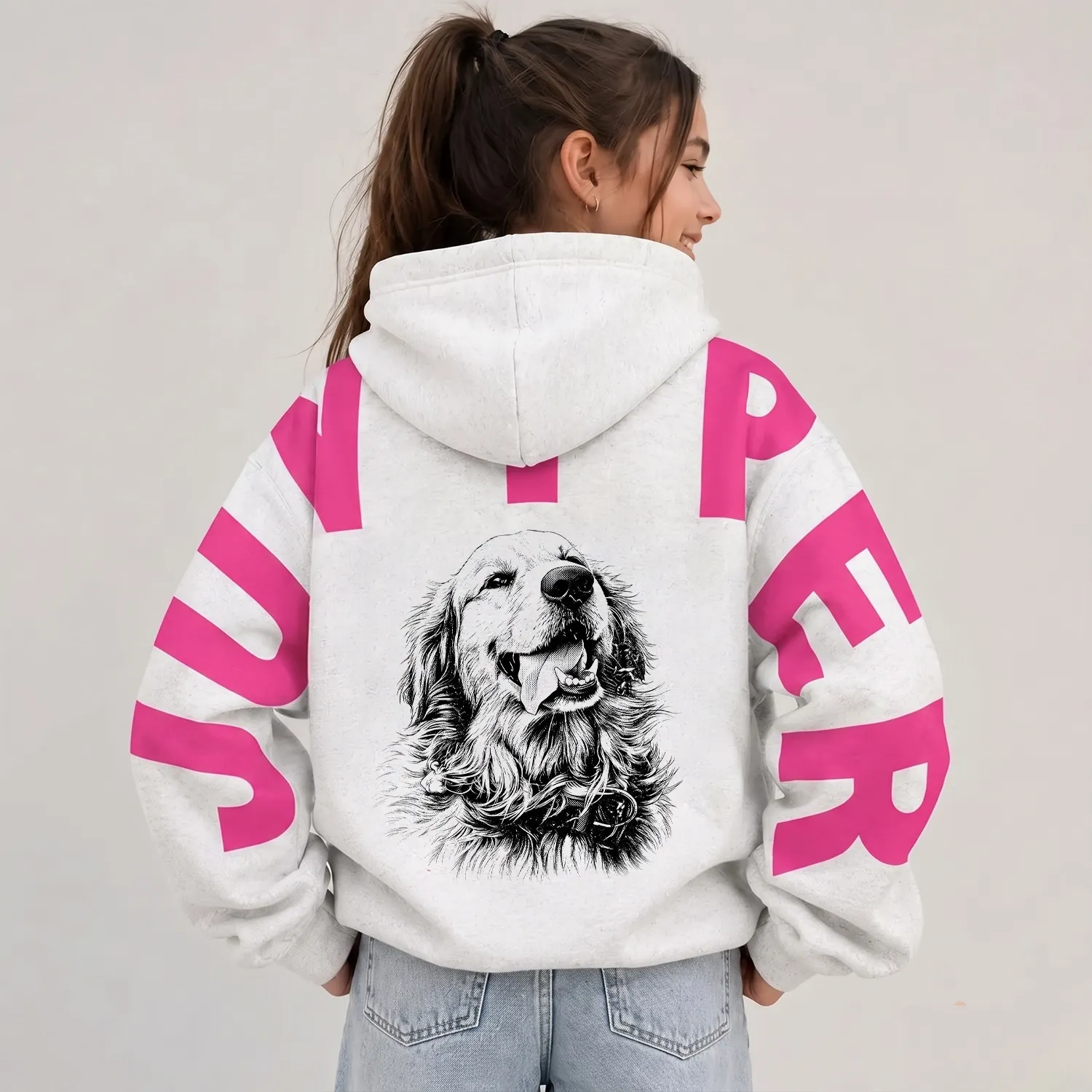 Custom Pet Portrait Sweatshirt with Solid Big Back Name, Personalized Dog Mom Hoodie