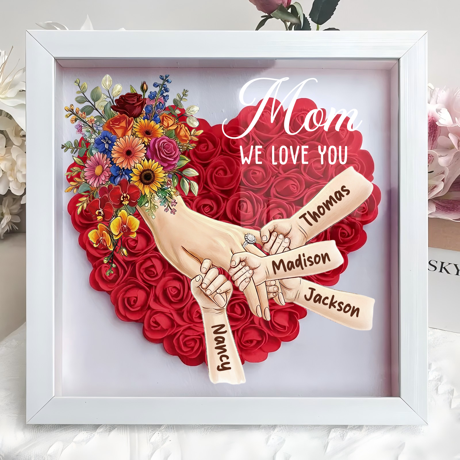 Forlovever™ Custom Mom Holding Hands with Ring & Manicure Shadow Box-Mother's Day Remembrance Frame, In Loving Memory Gift