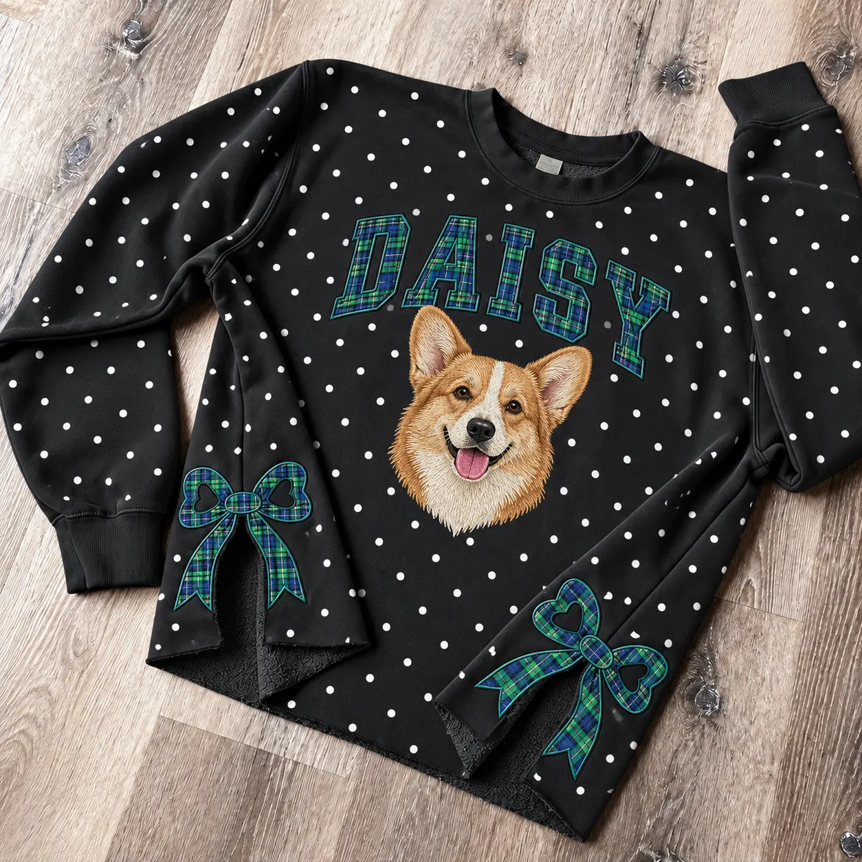 Personalized Pet Portrait Embroidered Polka Dot Sweatshirt with Plaid Bow Side Slits
