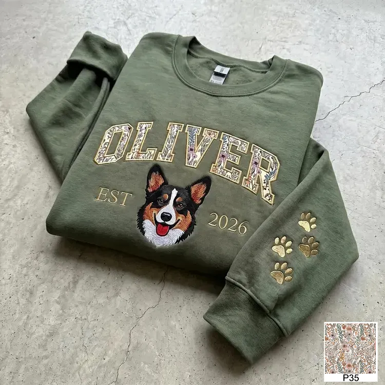 Custom Pet Portrait Floral Applique Embroidered Sweatshirt Hoodie T-shirt