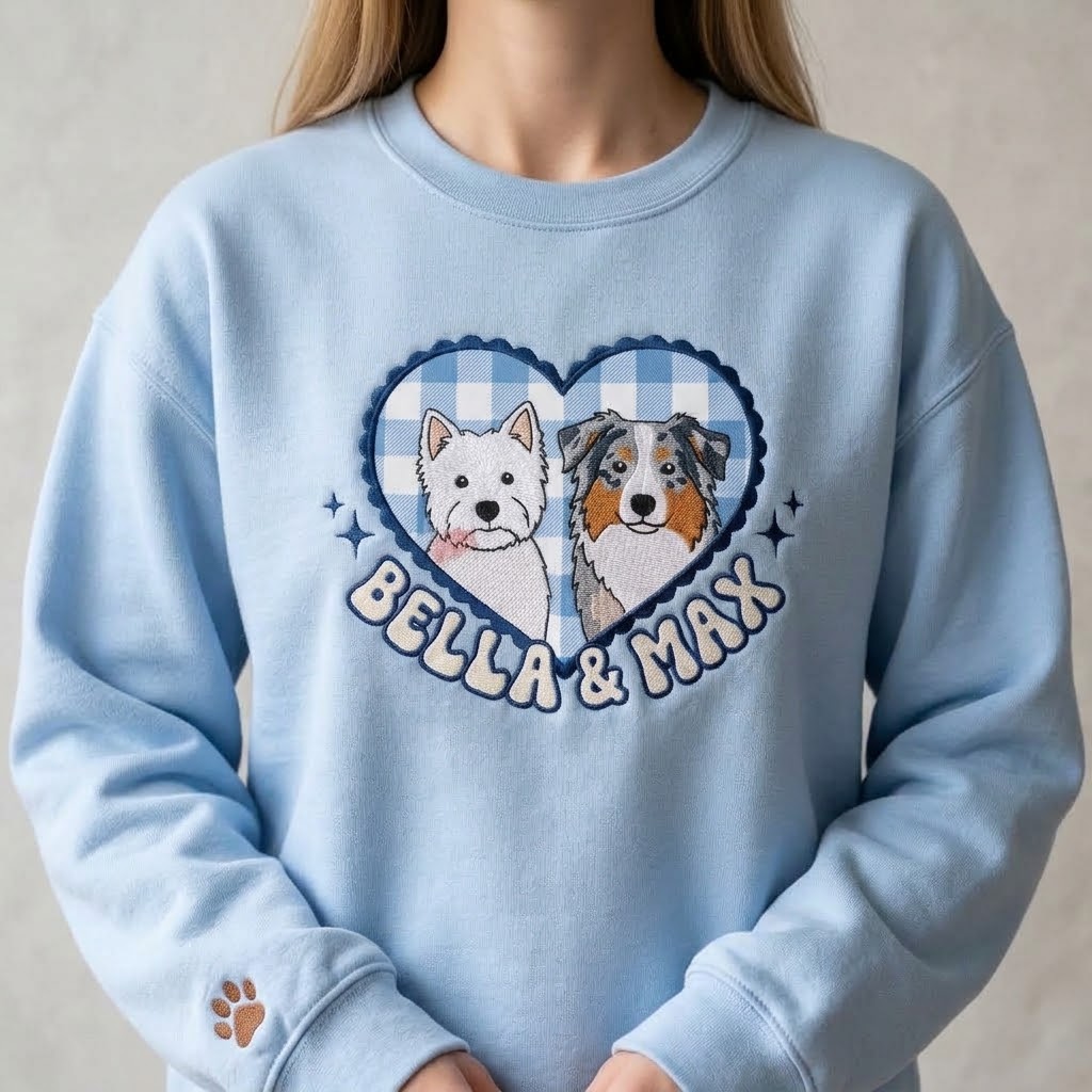 Custom Pet Portrait Christmas Sweatshirt With Heart Shape, Personalized Pet Name Gingham Pullover