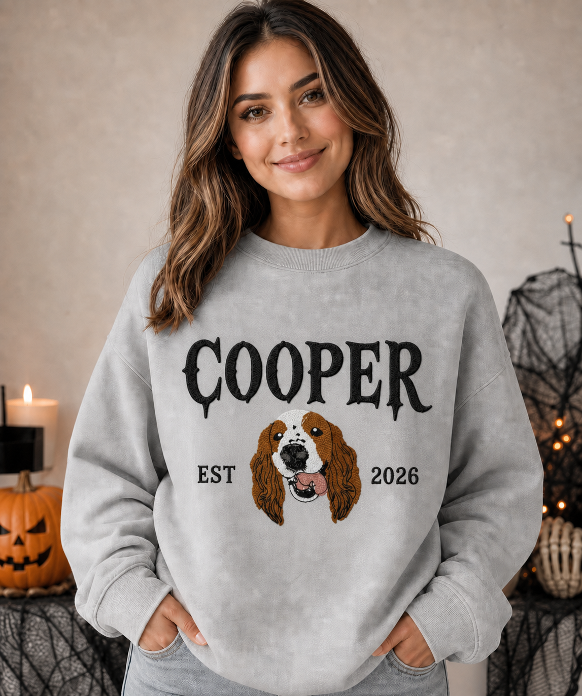 Personalized Halloween Pet Portrait Embroidered Sweatshirt – Personalized Dog & Cat Halloween Gift for Pet Lovers