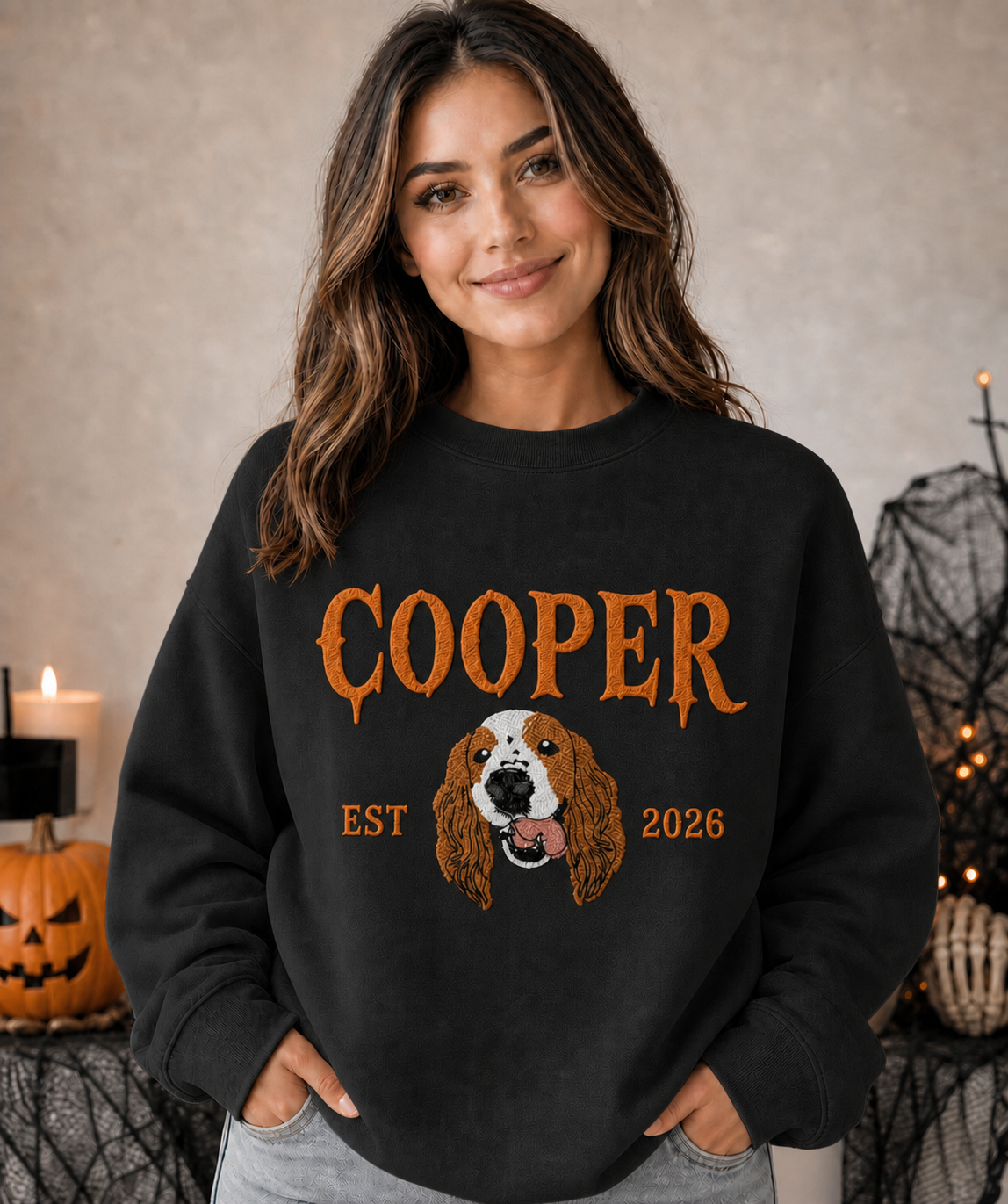 Personalized Halloween Pet Portrait Embroidered Sweatshirt – Personalized Dog & Cat Halloween Gift for Pet Lovers