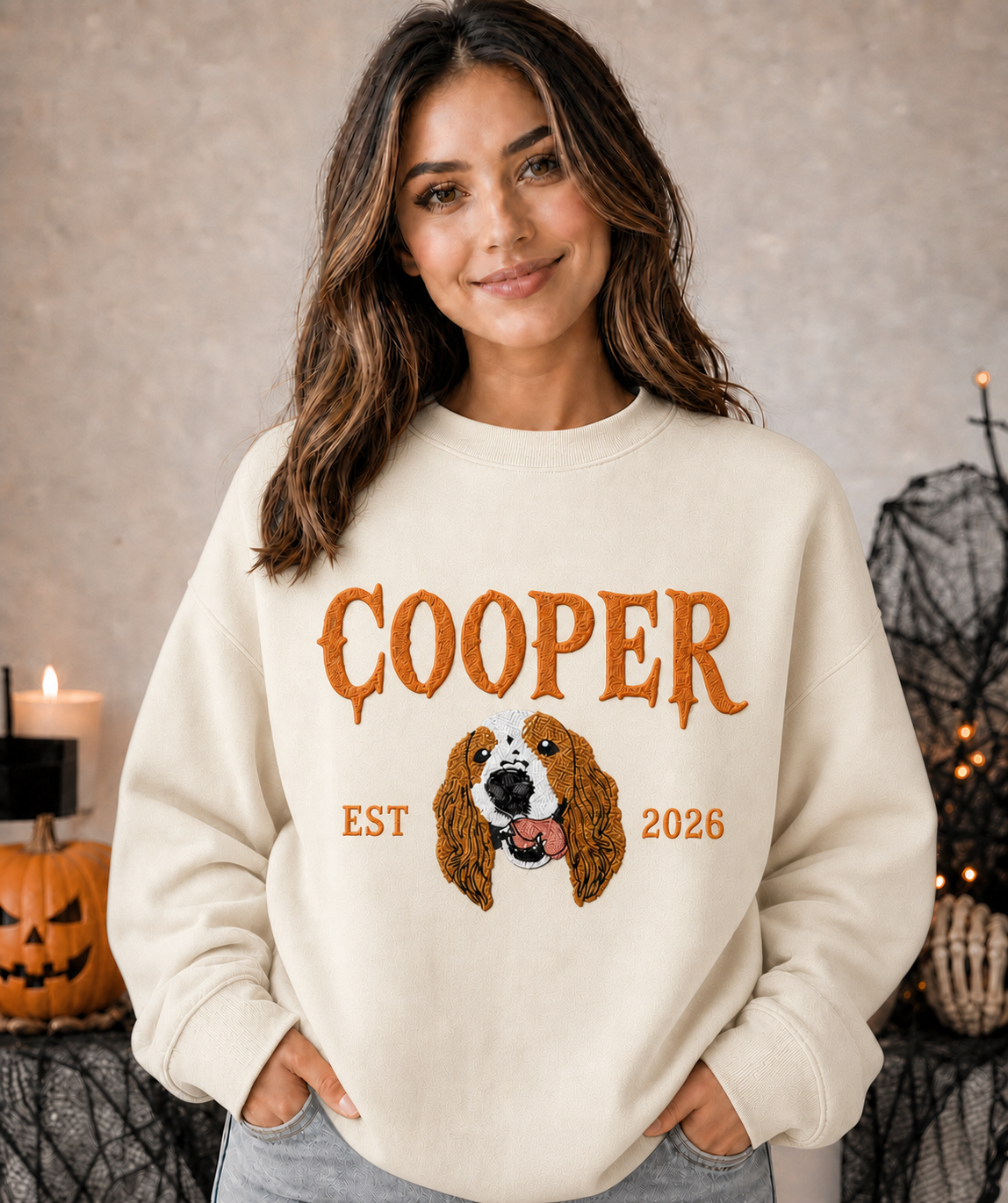Personalized Halloween Pet Portrait Embroidered Sweatshirt – Personalized Dog & Cat Halloween Gift for Pet Lovers