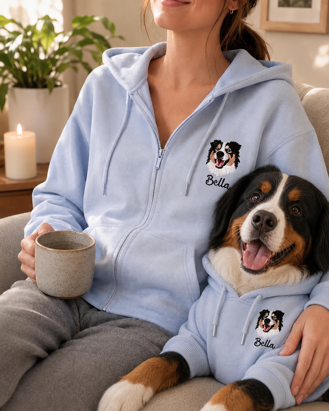 Custom Pet Portrait Embroidered Zip-Up Hoodie | Personalized Dog & Cat Full-Zip Sweatshirt