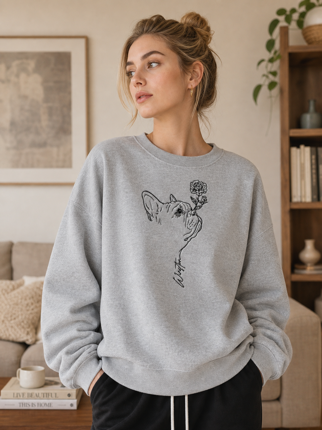 Custom Pet Portrait Birth Flower Print Sweatshirt | Personalized Fine Line Pet Art Memorial Crewneck