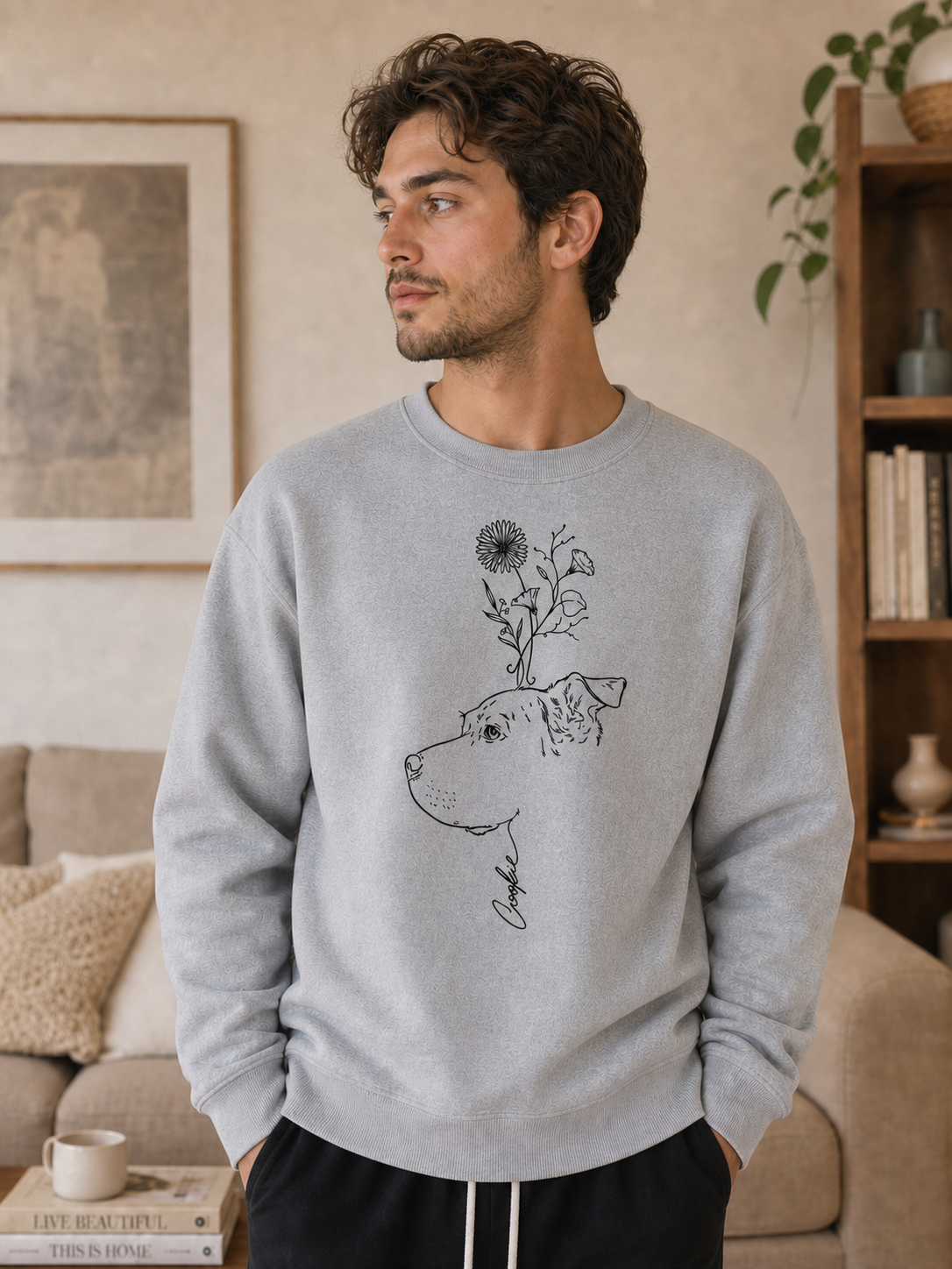 Custom Pet Portrait Birth Flower Print Sweatshirt | Personalized Fine Line Pet Art Memorial Crewneck