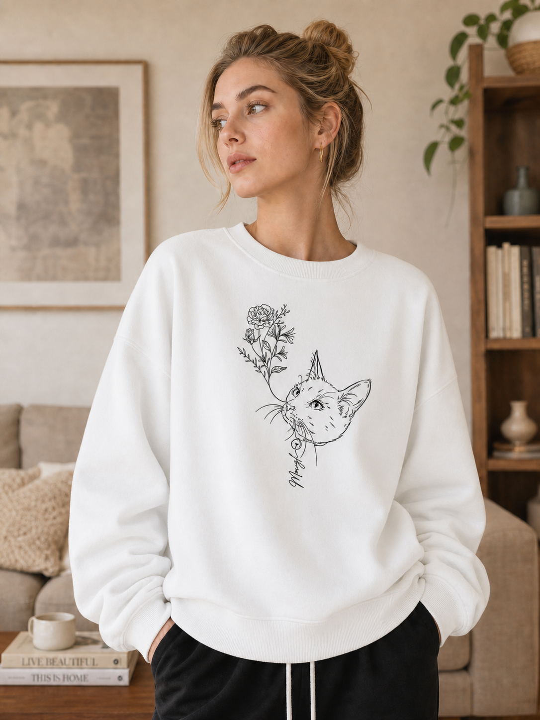Custom Pet Portrait Birth Flower Print Sweatshirt | Personalized Fine Line Pet Art Memorial Crewneck