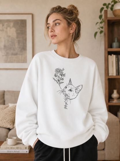 Custom Pet Portrait Birth Flower Print Sweatshirt | Personalized Fine Line Pet Art Memorial Crewneck