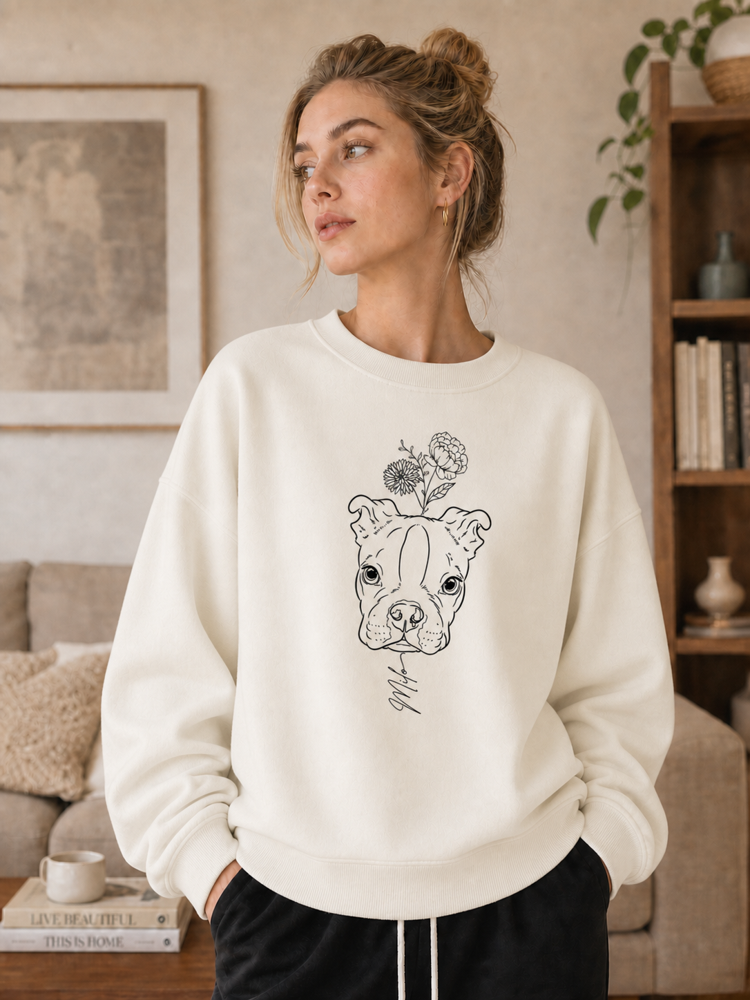 Custom Pet Portrait Birth Flower Print Sweatshirt | Personalized Fine Line Pet Art Memorial Crewneck