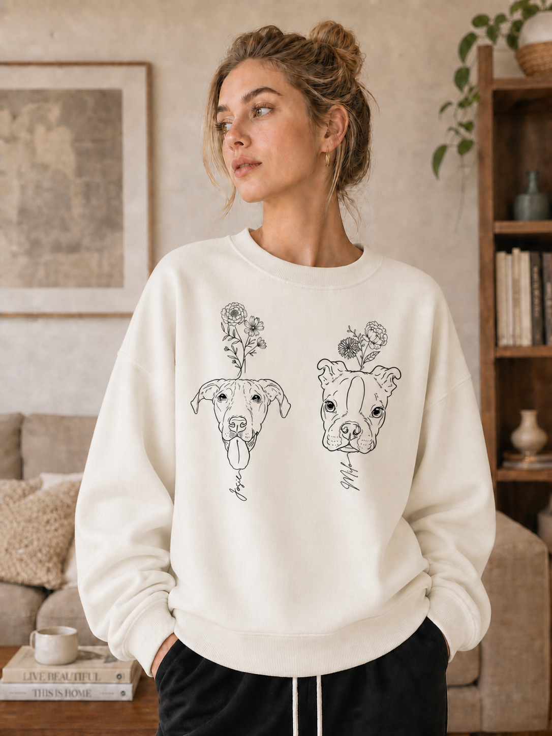 Custom Pet Portrait Birth Flower Print Sweatshirt | Personalized Fine Line Pet Art Memorial Crewneck