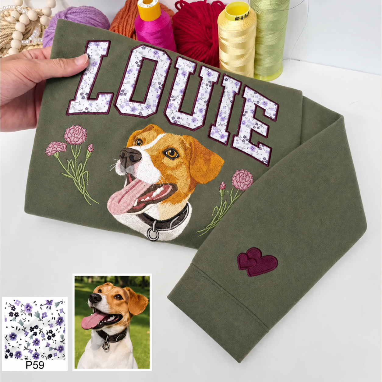 Custom Pet Portrait Appliqué Embroidered Sweatshirt with Birth Flower – Personalized Pet Lover Gift