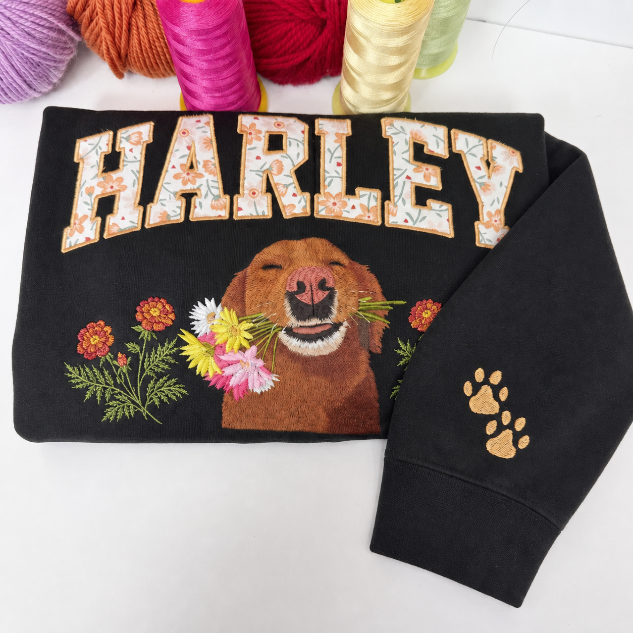 Custom Pet Portrait Appliqué Embroidered Sweatshirt with Birth Flower – Personalized Pet Lover Gift