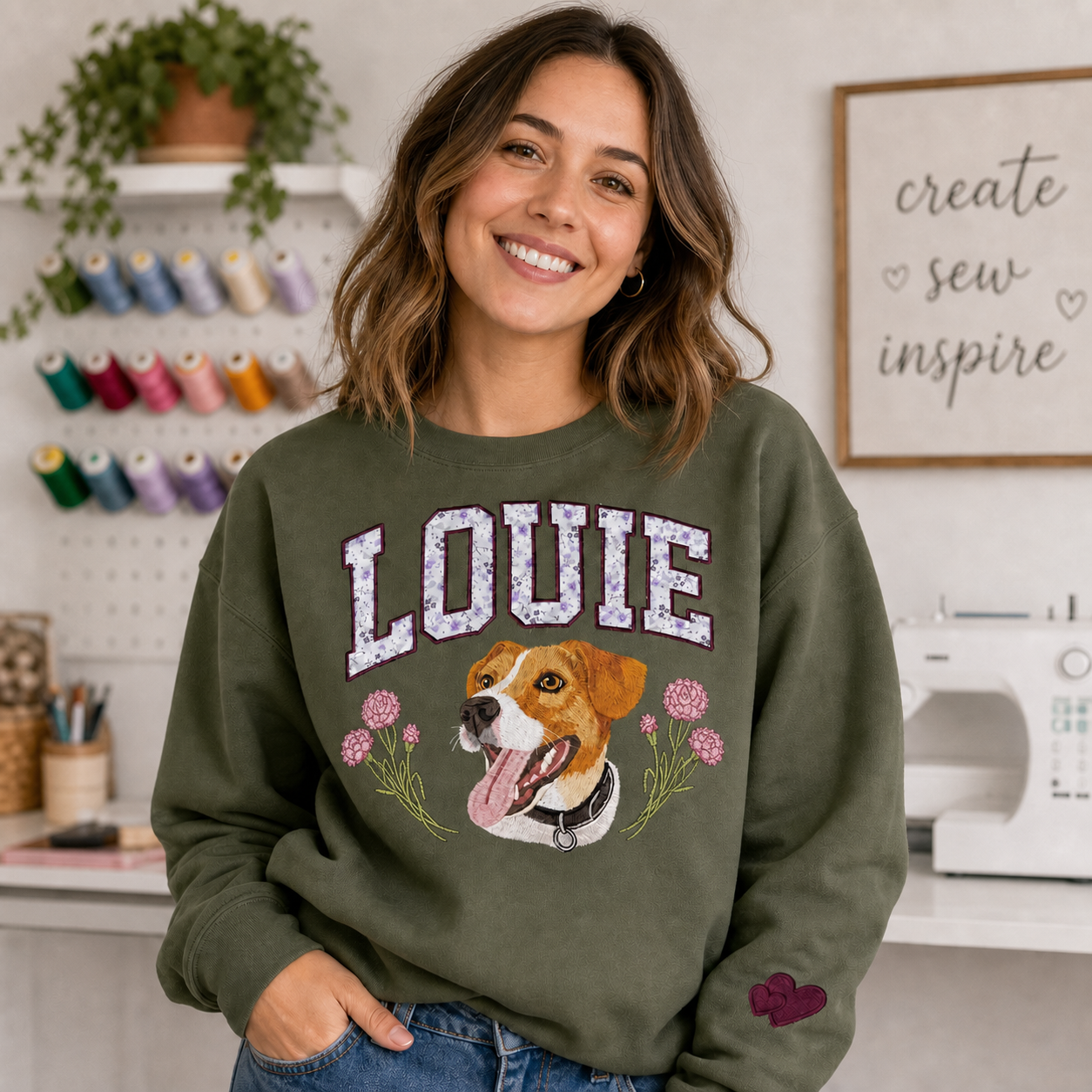 Custom Pet Portrait Appliqué Embroidered Sweatshirt with Birth Flower – Personalized Pet Lover Gift