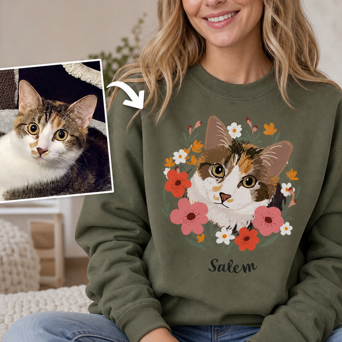 Custom Pet Portrait Print Sweatshirt with Floral Design – Personalized Pet Lover Gift