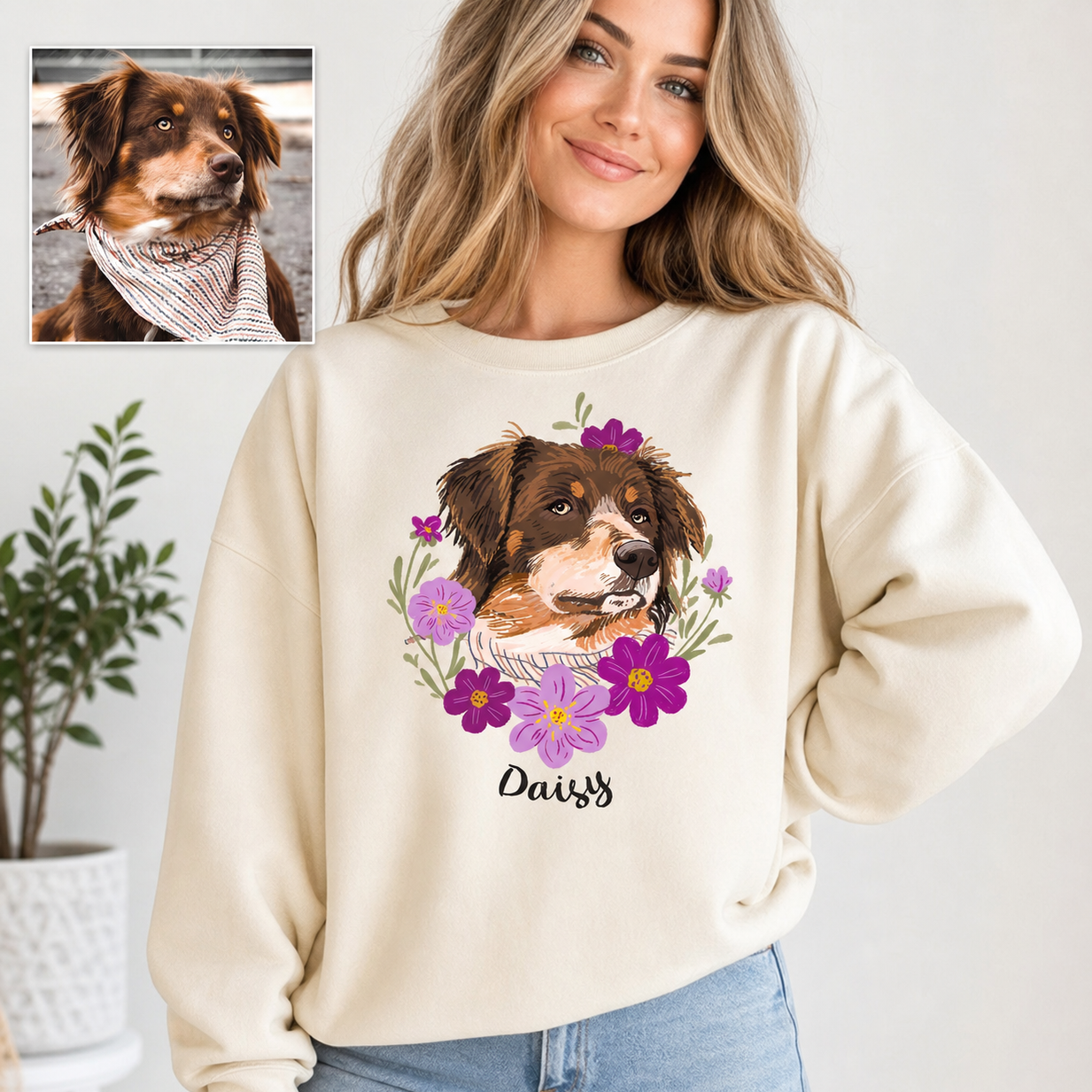 Custom Pet Portrait Print Sweatshirt with Floral Design – Personalized Pet Lover Gift