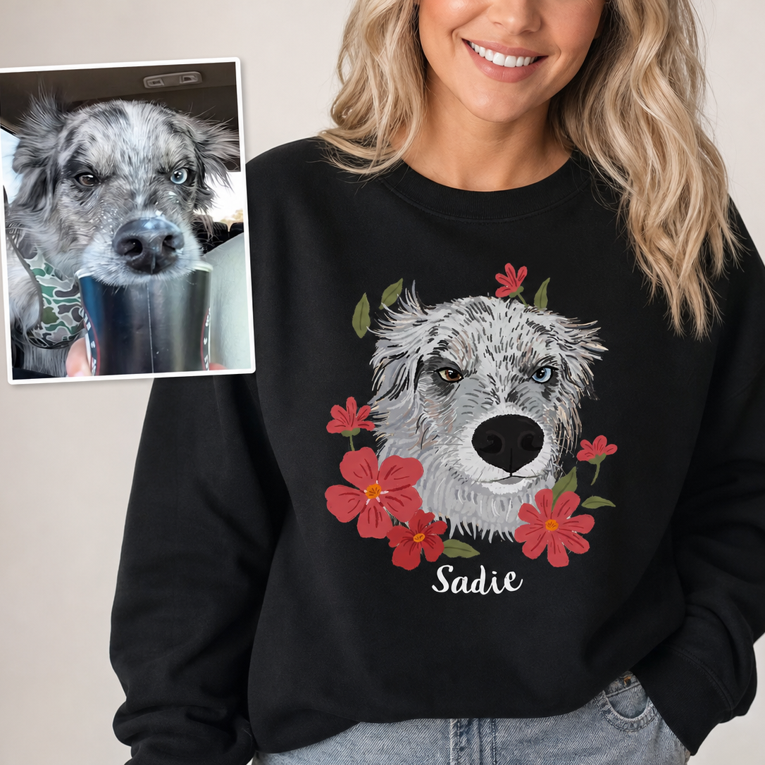 Custom Pet Portrait Print Sweatshirt with Floral Design – Personalized Pet Lover Gift