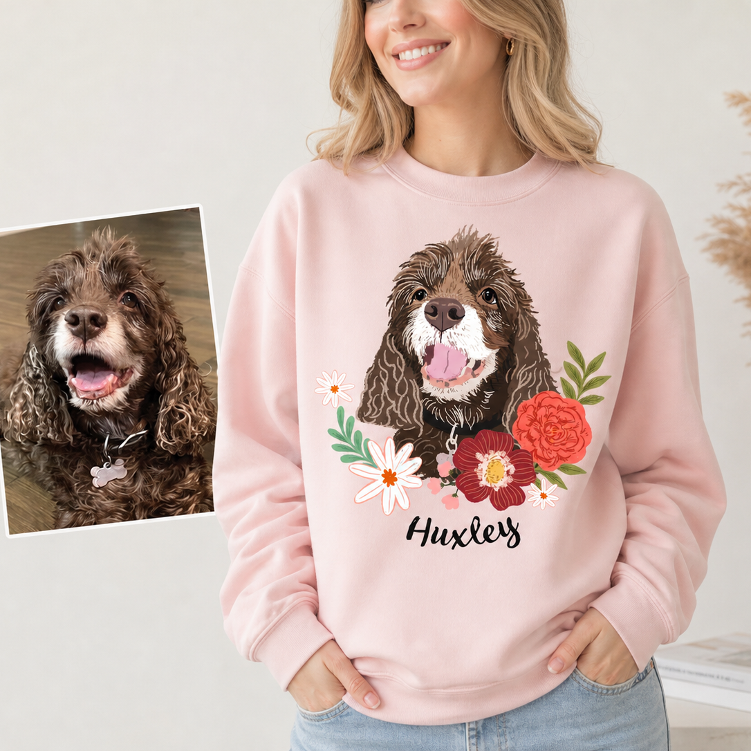 Custom Pet Portrait Print Sweatshirt with Floral Design – Personalized Pet Lover Gift