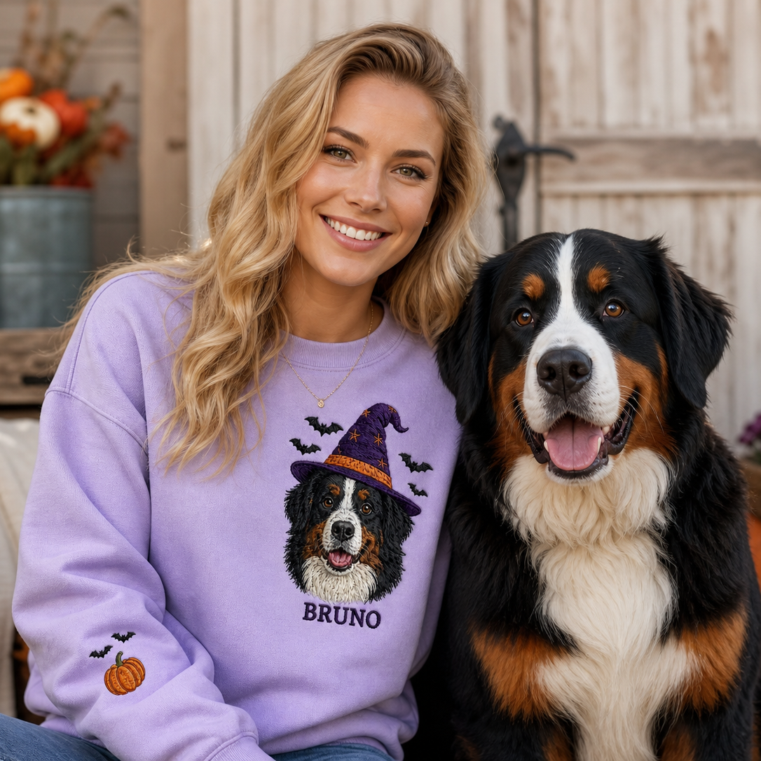 Custom Pet Portrait Embroidered Sweatshirt – Personalized Halloween Gift for Pet Lovers