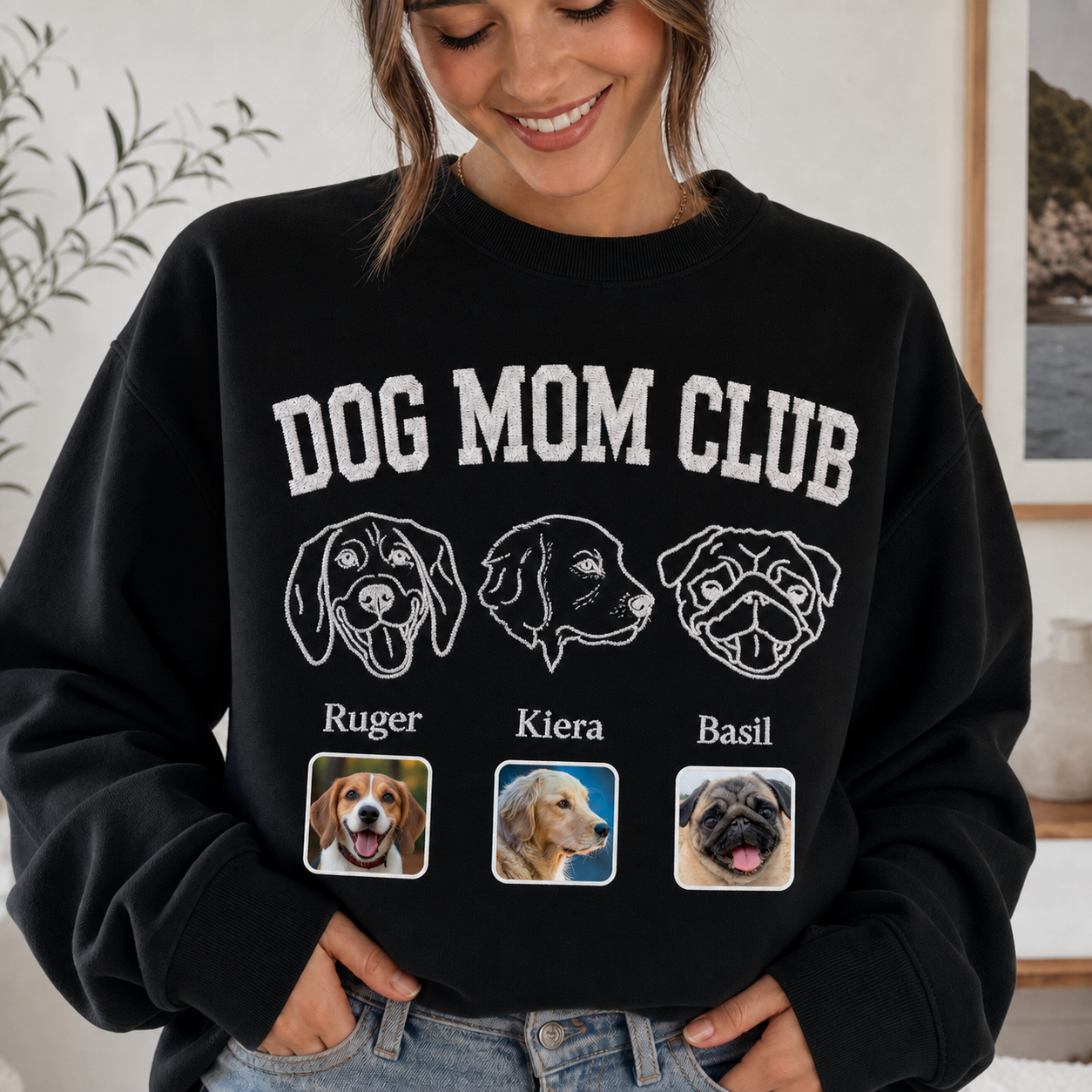 Custom Embroidered Pet Portrait Sweatshirt | Personalized Dog & Cat Mom Dad Club Hoodie | Gift for Pet Lovers