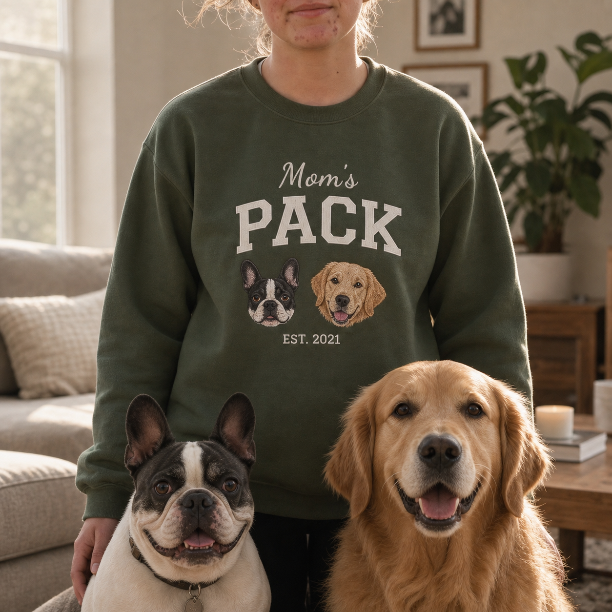 Custom Embroidered Mama's Pack Sweatshirt | Personalized Multi-Pet Portrait Hoodie | Gift for Dog & Cat Moms