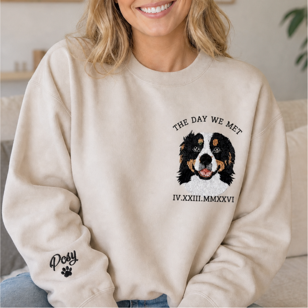 Custom Embroidered Pet Portrait Sweatshirt | Personalized Roman Numeral Pet Hoodie | Gift for Pet Lovers