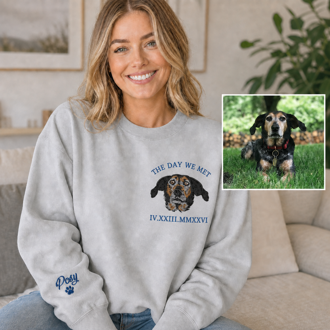Custom Embroidered Pet Portrait Sweatshirt | Personalized Roman Numeral Pet Hoodie | Gift for Pet Lovers
