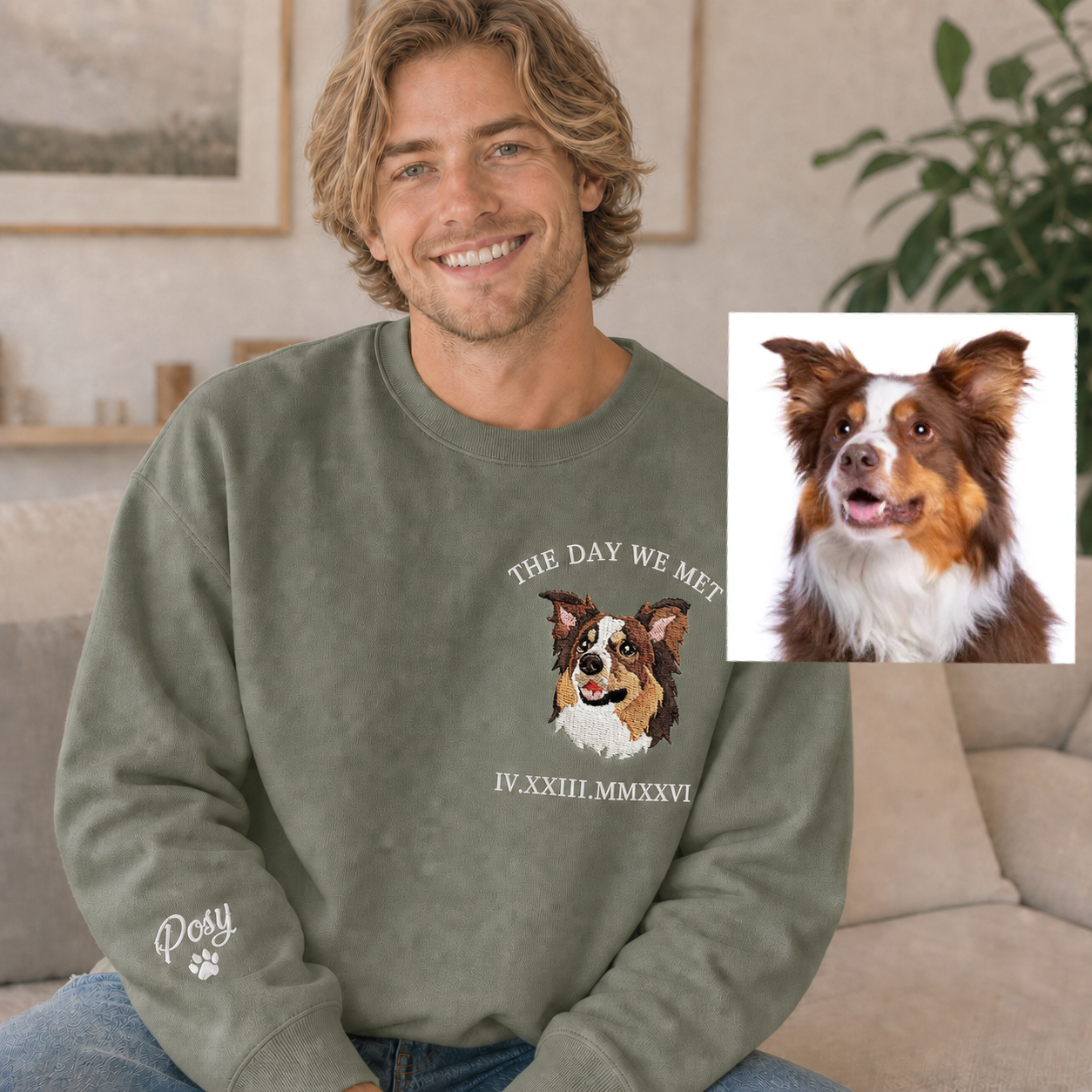 Custom Embroidered Pet Portrait Sweatshirt | Personalized Roman Numeral Pet Hoodie | Gift for Pet Lovers