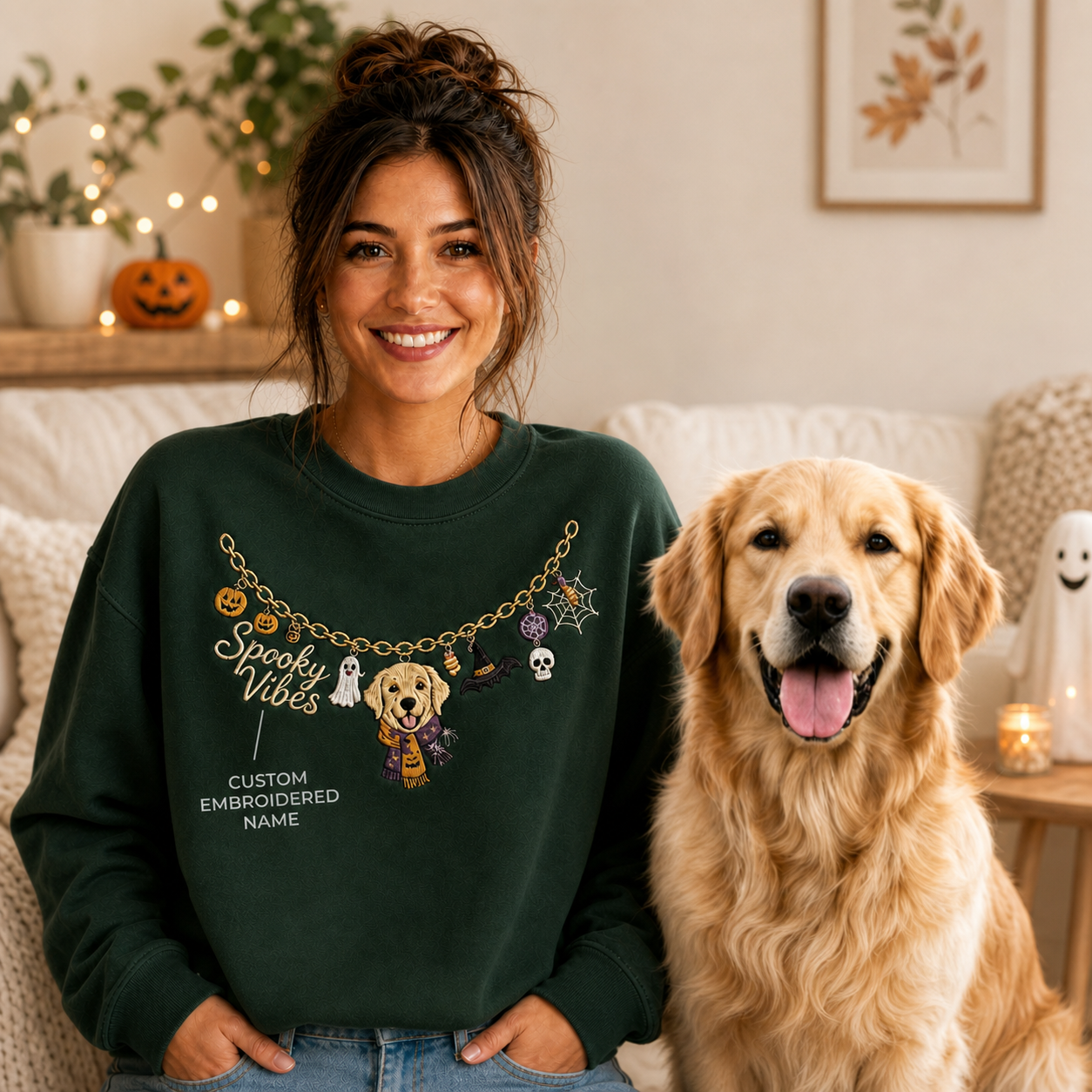 Custom Halloween Pet Portrait Embroidered Sweatshirt – Personalized Dog & Cat Necklace Design, Spooky Pet Lover Gift