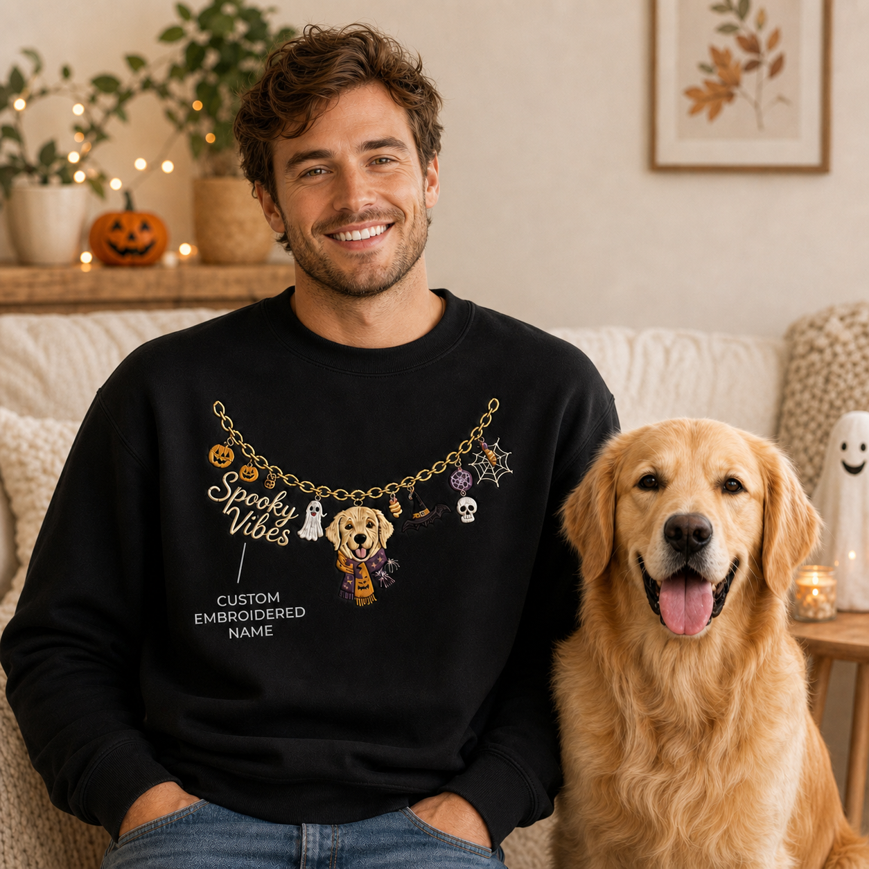 Custom Halloween Pet Portrait Embroidered Sweatshirt – Personalized Dog & Cat Necklace Design, Spooky Pet Lover Gift