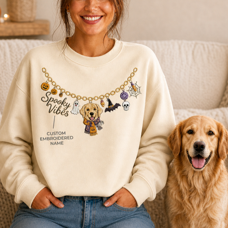 Custom Halloween Pet Portrait Embroidered Sweatshirt – Personalized Dog & Cat Necklace Design, Spooky Pet Lover Gift
