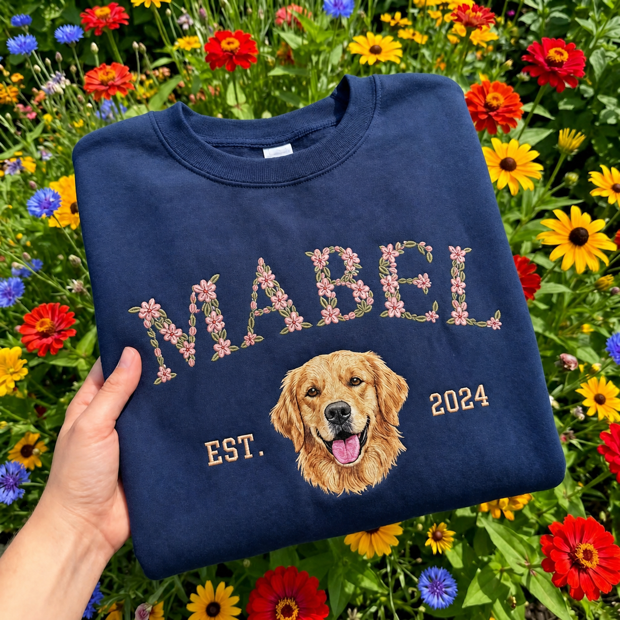 Custom Pet Portrait Embroidered Sweatshirt With Floral & EST. Year Design,Pet Lover Gift