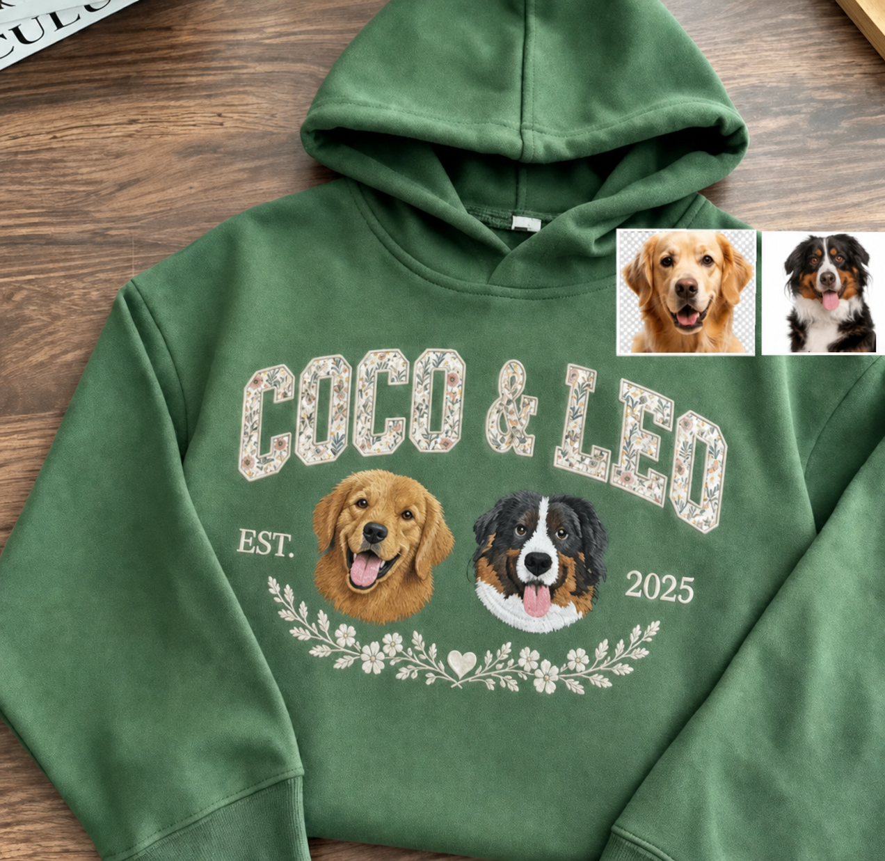 Custom Multiple Pet Portrait Floral Applique Embroidered Sweatshirt Personalized Dog Cat Gift for Pet Lovers