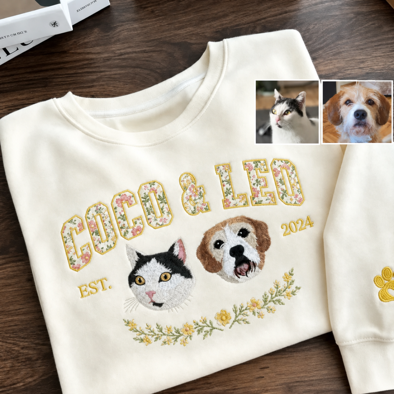 Custom Multiple Pet Portrait Floral Applique Embroidered Sweatshirt Personalized Dog Cat Gift for Pet Lovers