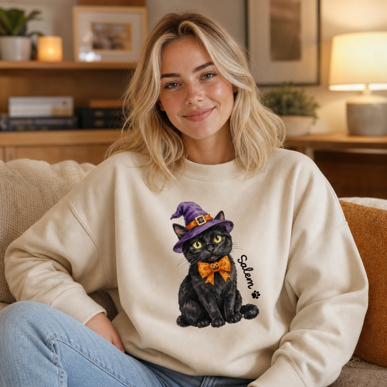 Custom Halloween Pet Portrait Sweatshirt – Personalized Dog & Cat Crewneck with Optional Halloween Designs for Adults & Kids