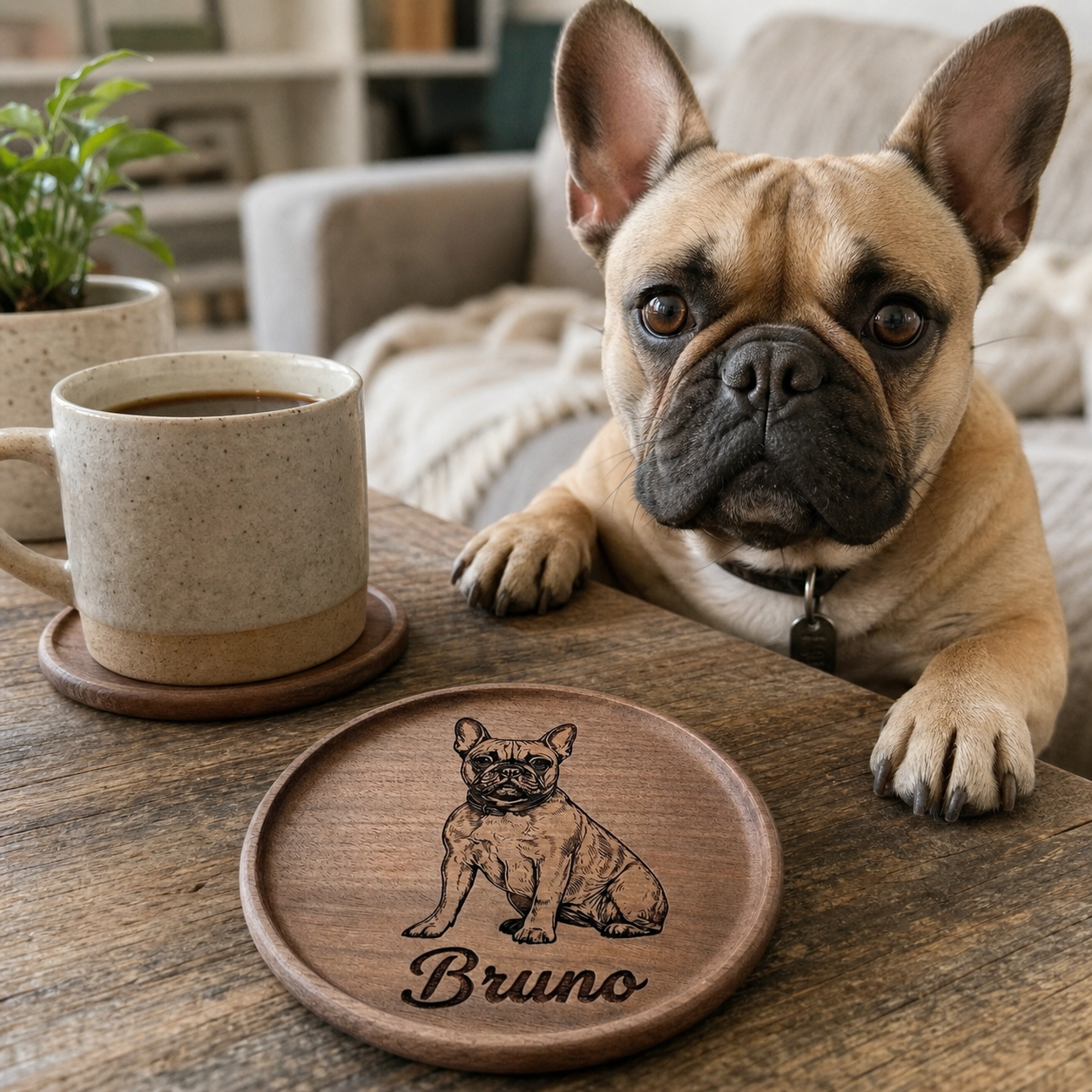 Personalized Pet Portrait Walnut Coaster, Housewarming Gift, Pet Lover Home Decor