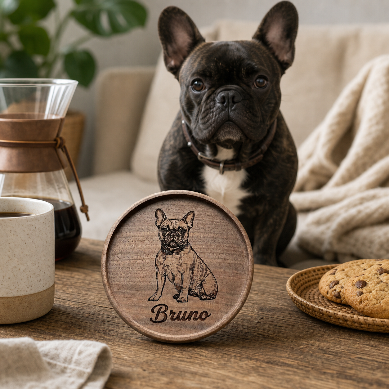 Personalized Pet Portrait Walnut Coaster, Housewarming Gift, Pet Lover Home Decor