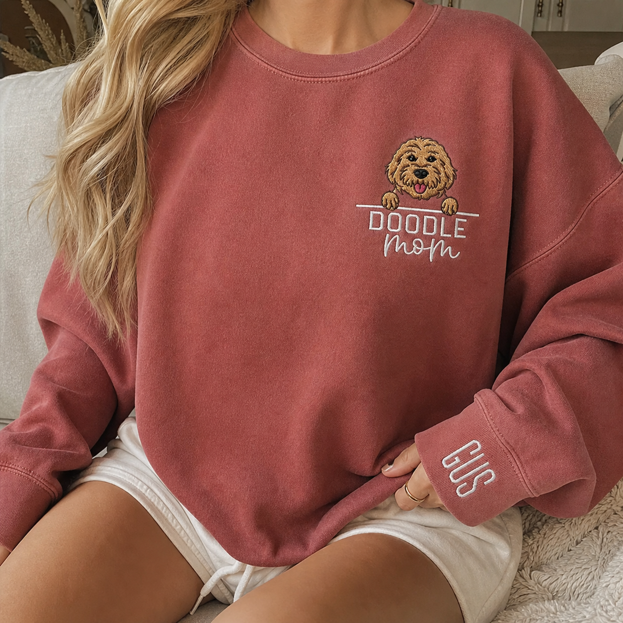 Personalized Dog EMBROIDERED Crewneck with Name On Sleeve，Dog Mom Sweatshirt