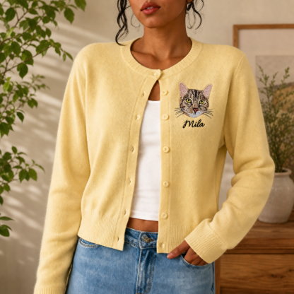 Custom Pet Portrait Embroidered Cardigan – Personalized Knit Sweater for Pet Lovers, Cozy Fall Style