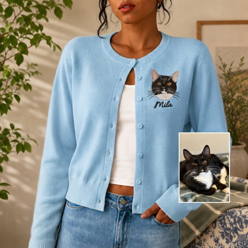 Custom Pet Portrait Embroidered Cardigan – Personalized Knit Sweater for Pet Lovers, Cozy Fall Style