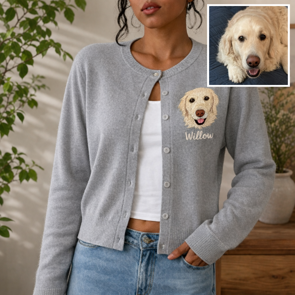 Custom Pet Portrait Embroidered Cardigan – Personalized Knit Sweater for Pet Lovers, Cozy Fall Style