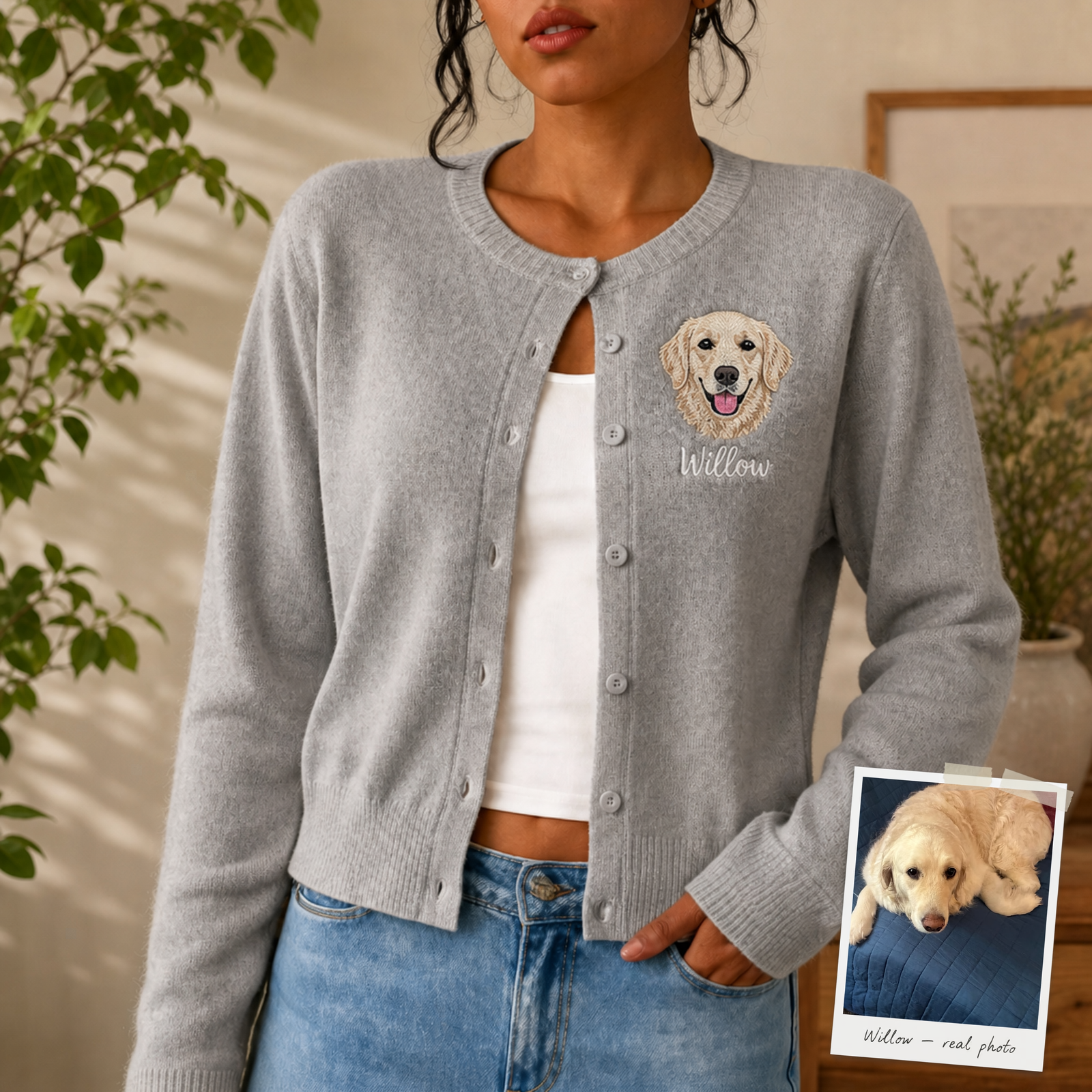 Custom Pet Portrait Embroidered Cardigan – Personalized Knit Sweater for Pet Lovers, Cozy Fall Style